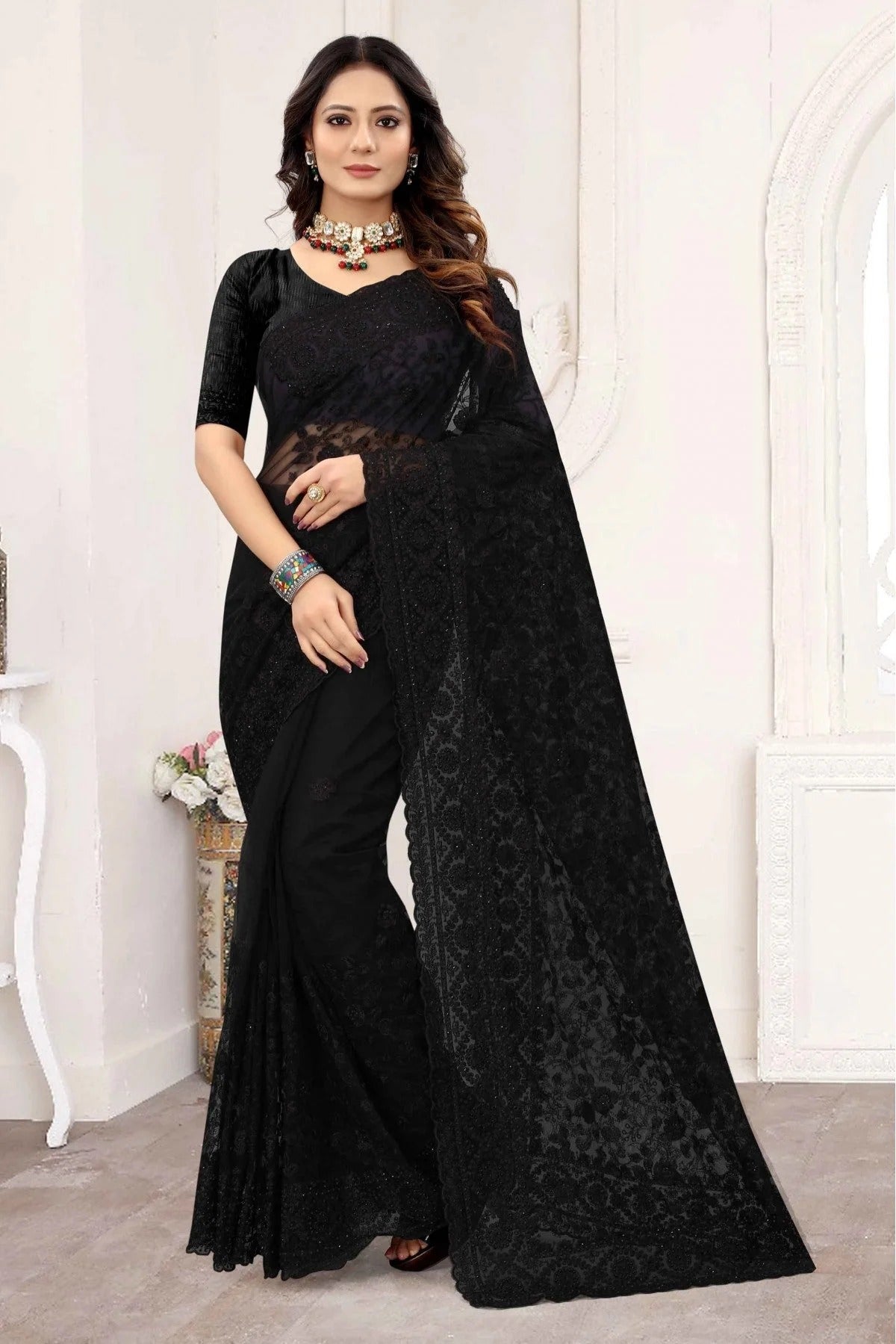 Black Colour Net Designer Saree SD1090238