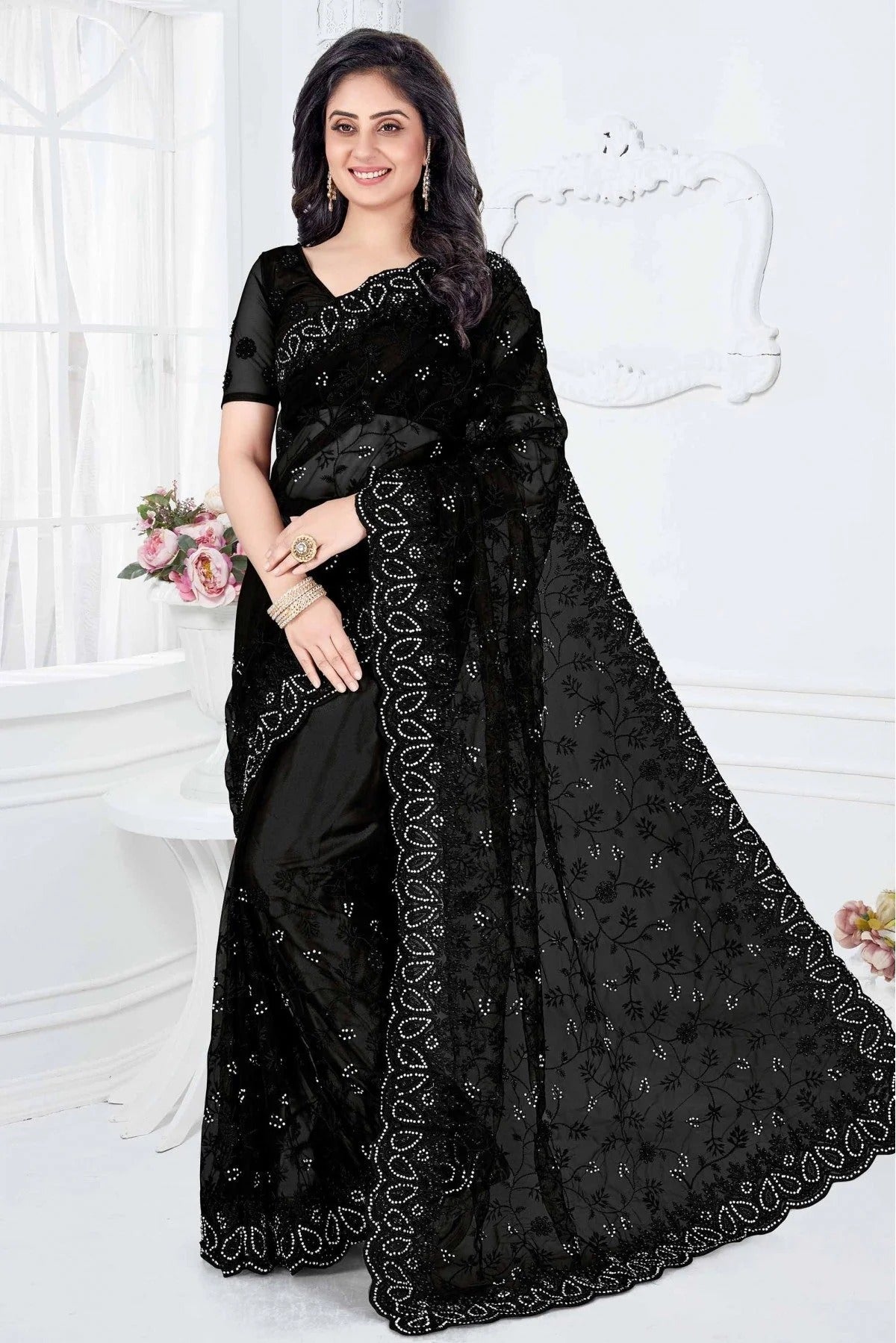 Black Colour Net Designer Saree SD1090340