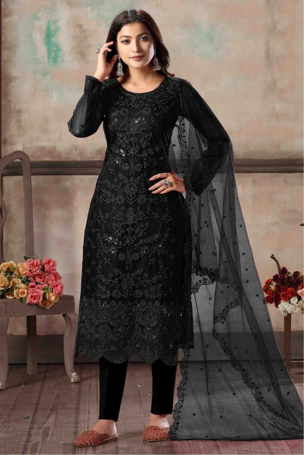 Black Colour Net Embroidery Pant Style Suit SM1050181