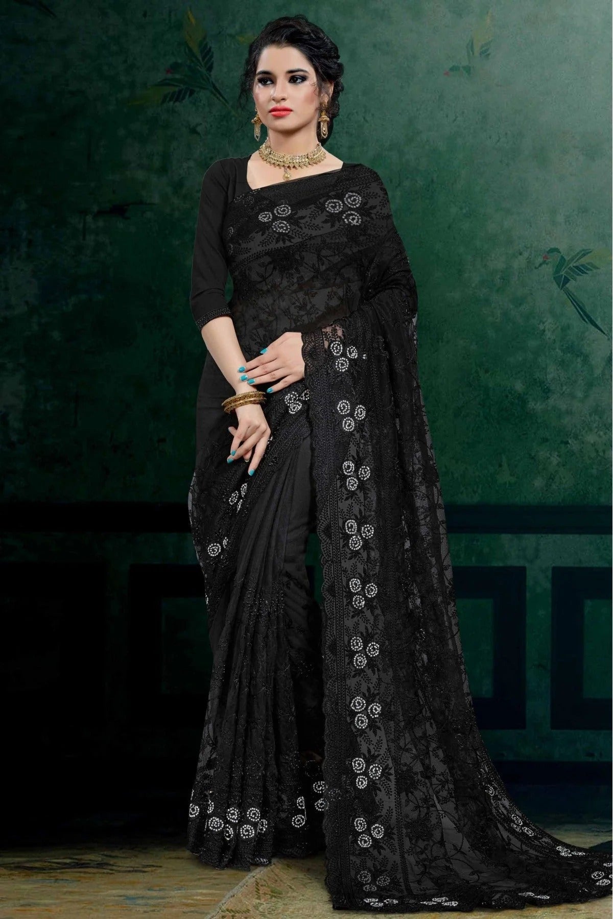 Black Colour Net Embroidery Saree SD1090104