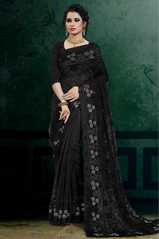 Black Colour Net Embroidery Saree SD1090104