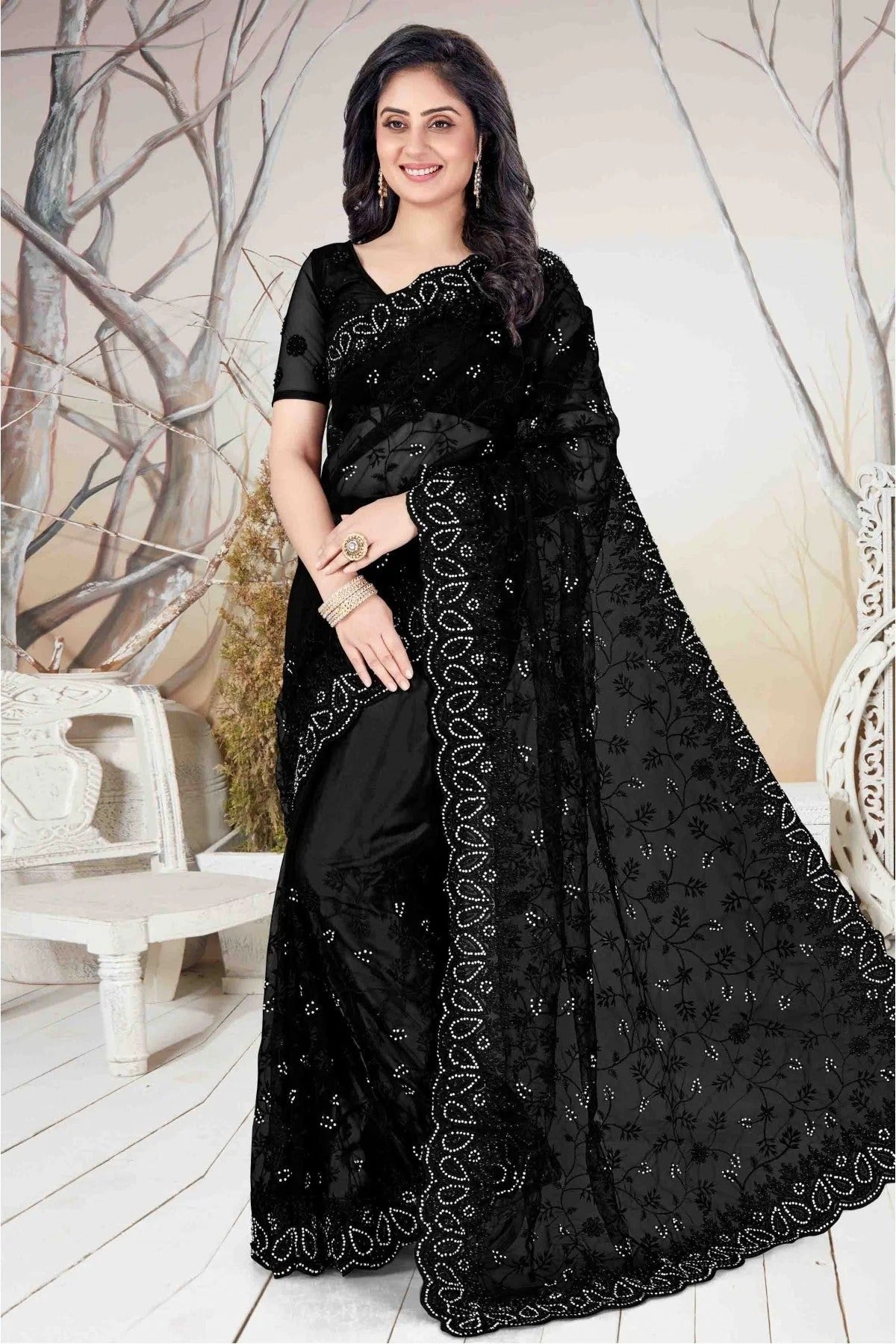 Black Colour Net Embroidery Saree SD1090115