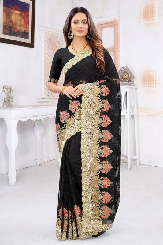 Black Colour Net Embroidery Saree SD1090218