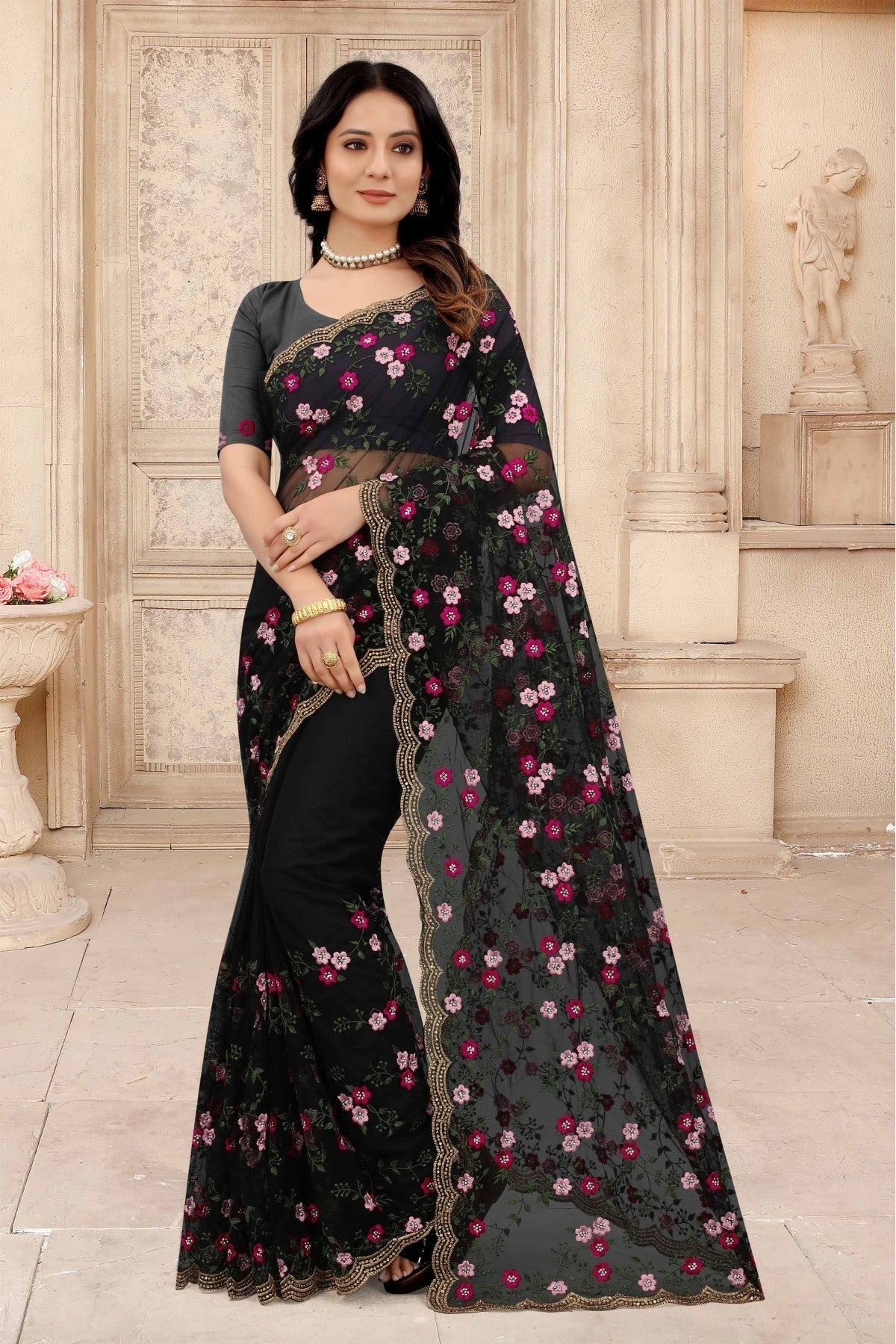 Black Colour Net Embroidery Saree SD1090308