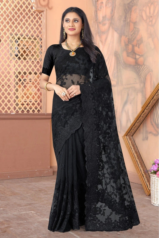 Black Colour Net Embroidery Saree SD1090392