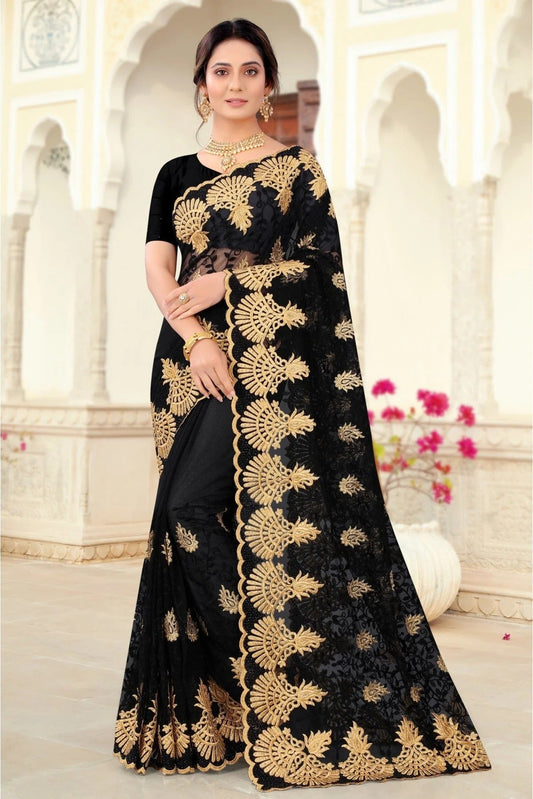 Black Colour Net Embroidery Saree SD1090437