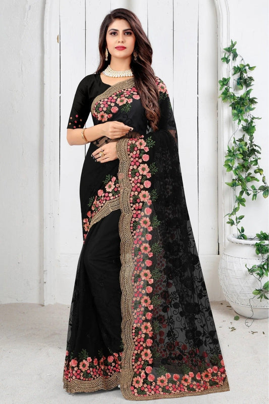 Black Colour Net Embroidery Saree SD1090446