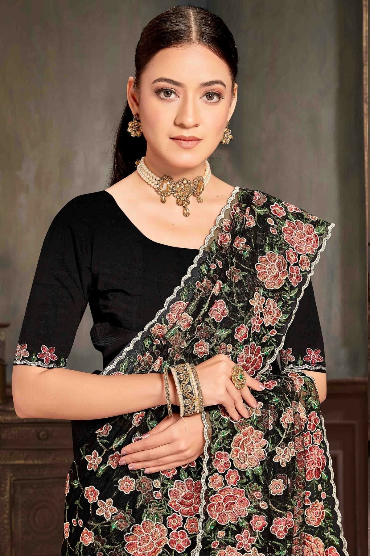 Black Colour Net Embroidery Work Designer Saree SD1091231 A