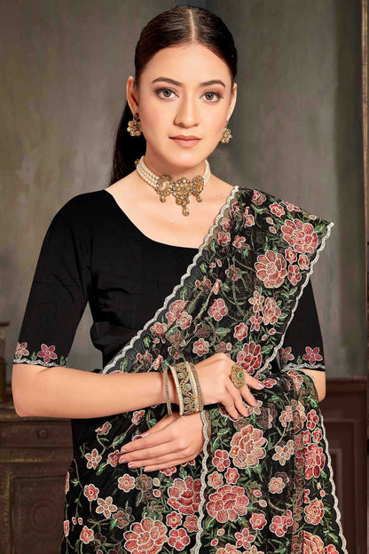 Black Colour Net Embroidery Work Designer Saree SD1091231 A