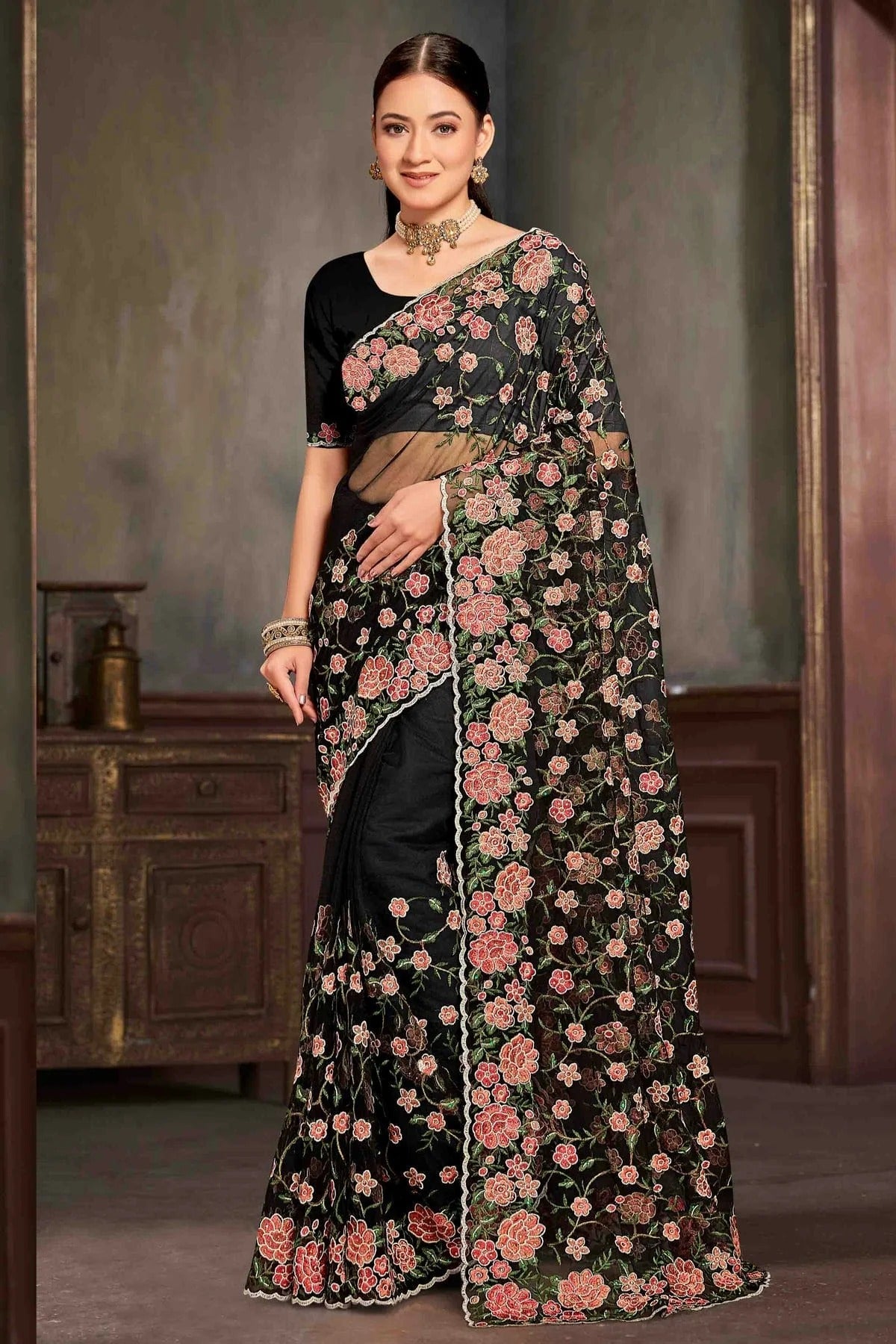 Black Colour Net Embroidery Work Designer Saree SD1091231