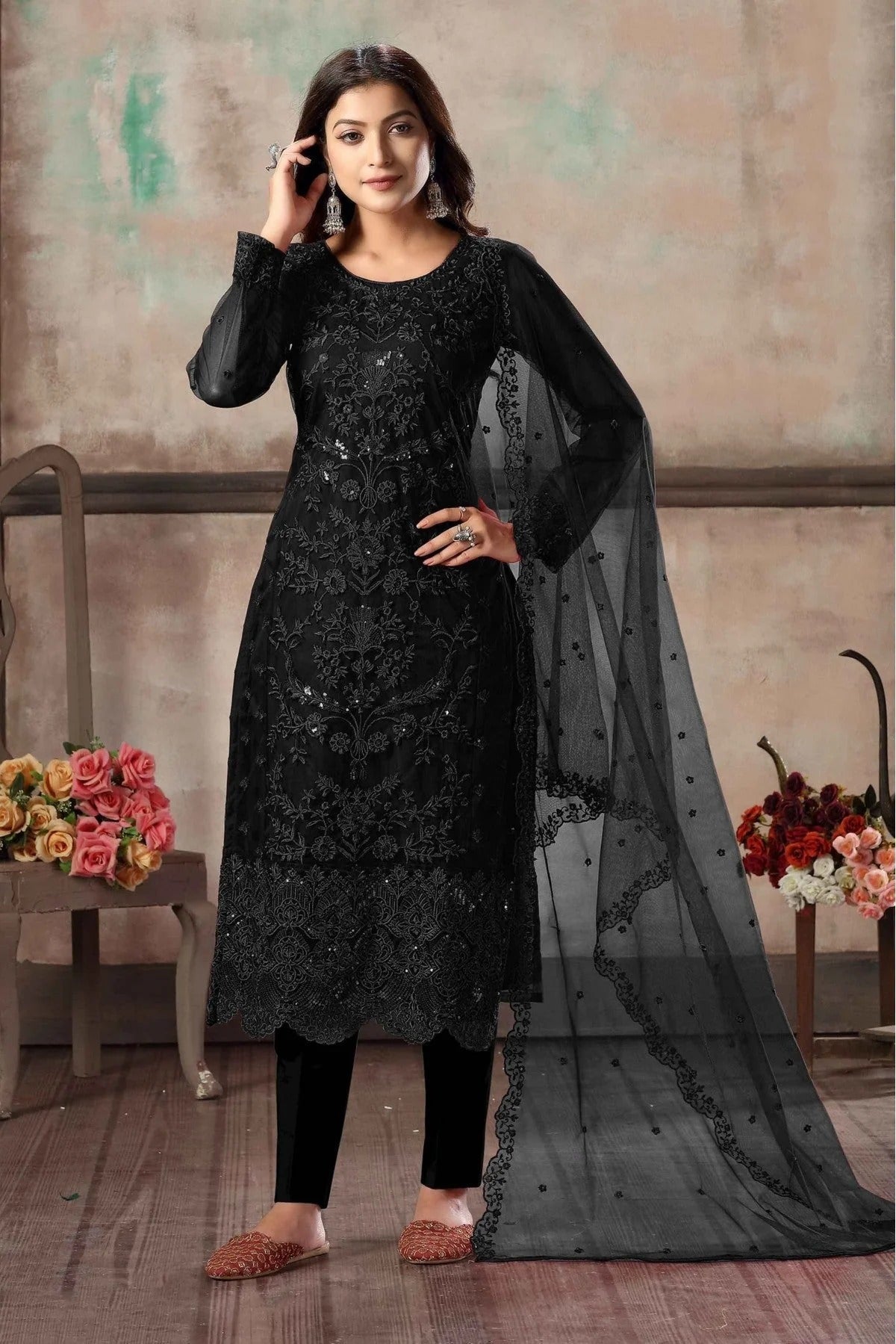 Black Colour Net Pant Style Suit SM1050076