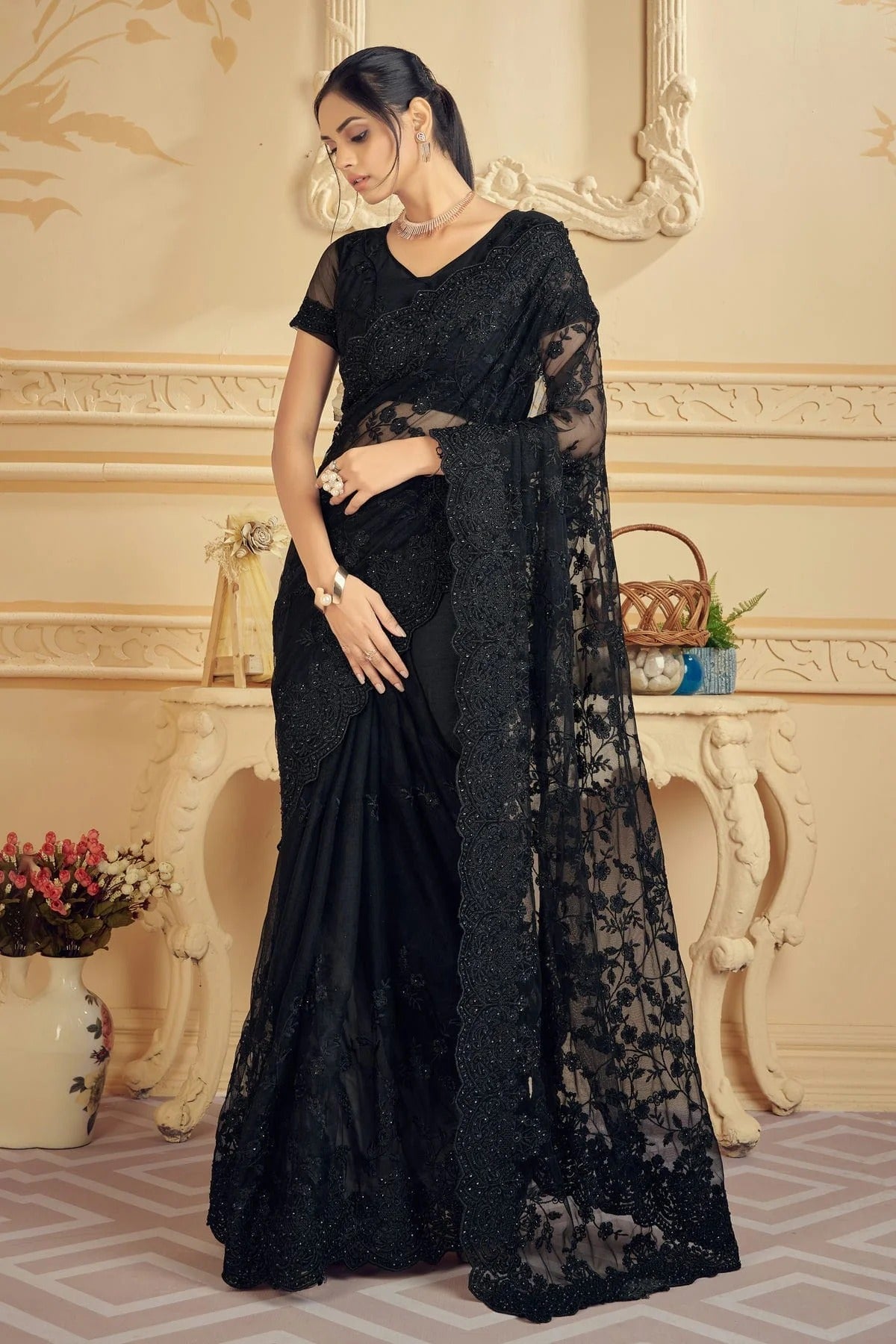 Black Colour Net Saree SD1090729