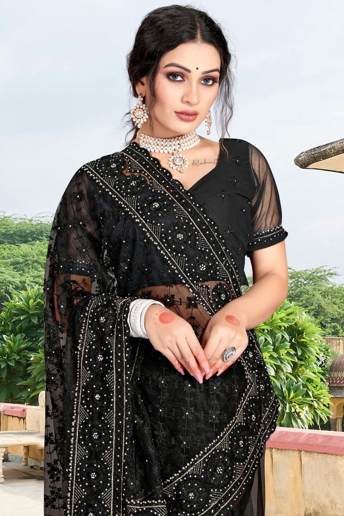 Black Colour Net Saree SD1090741 A