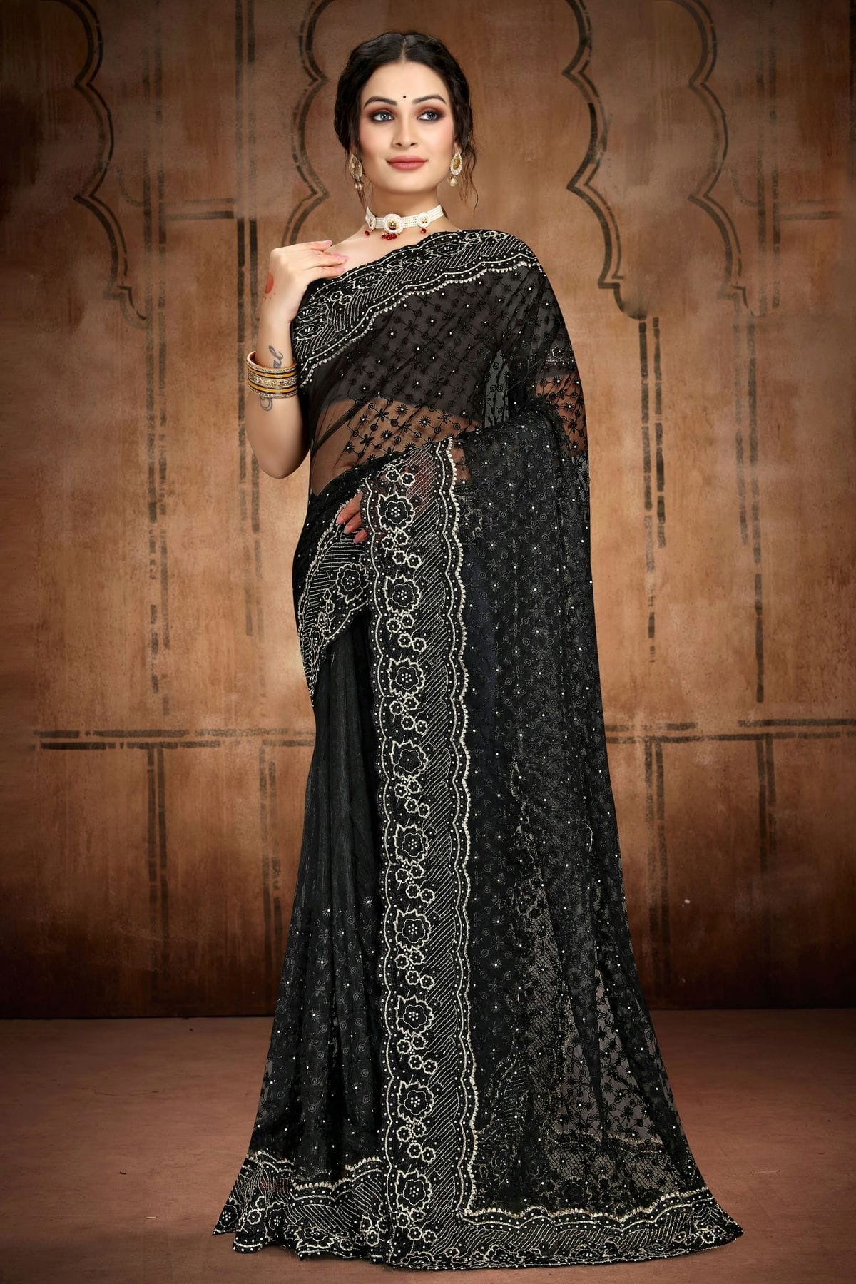 Black Colour Net Saree SD1090750