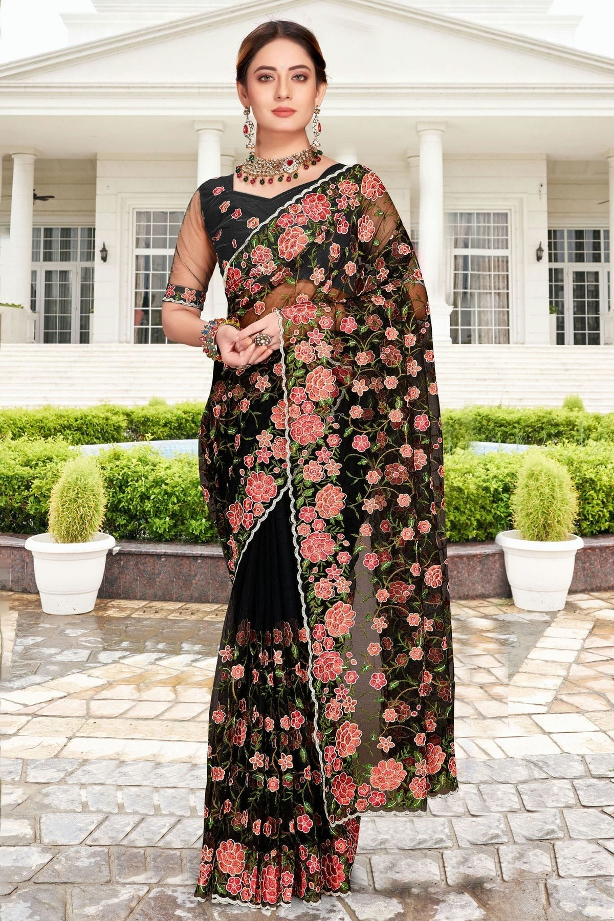 Black Colour Net Saree SD1090758