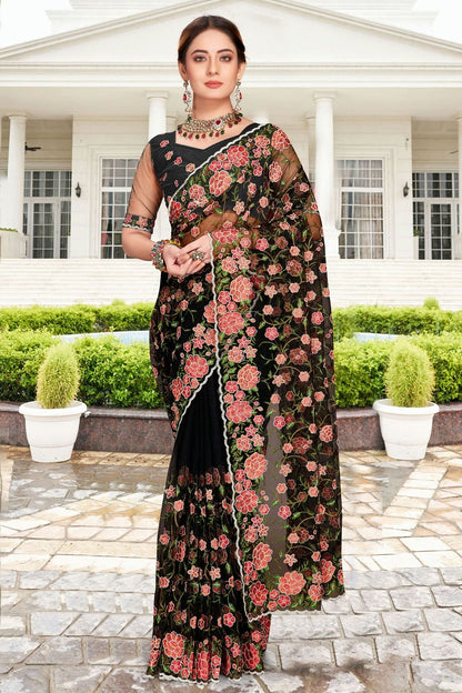 Black Colour Net Saree SD1090758