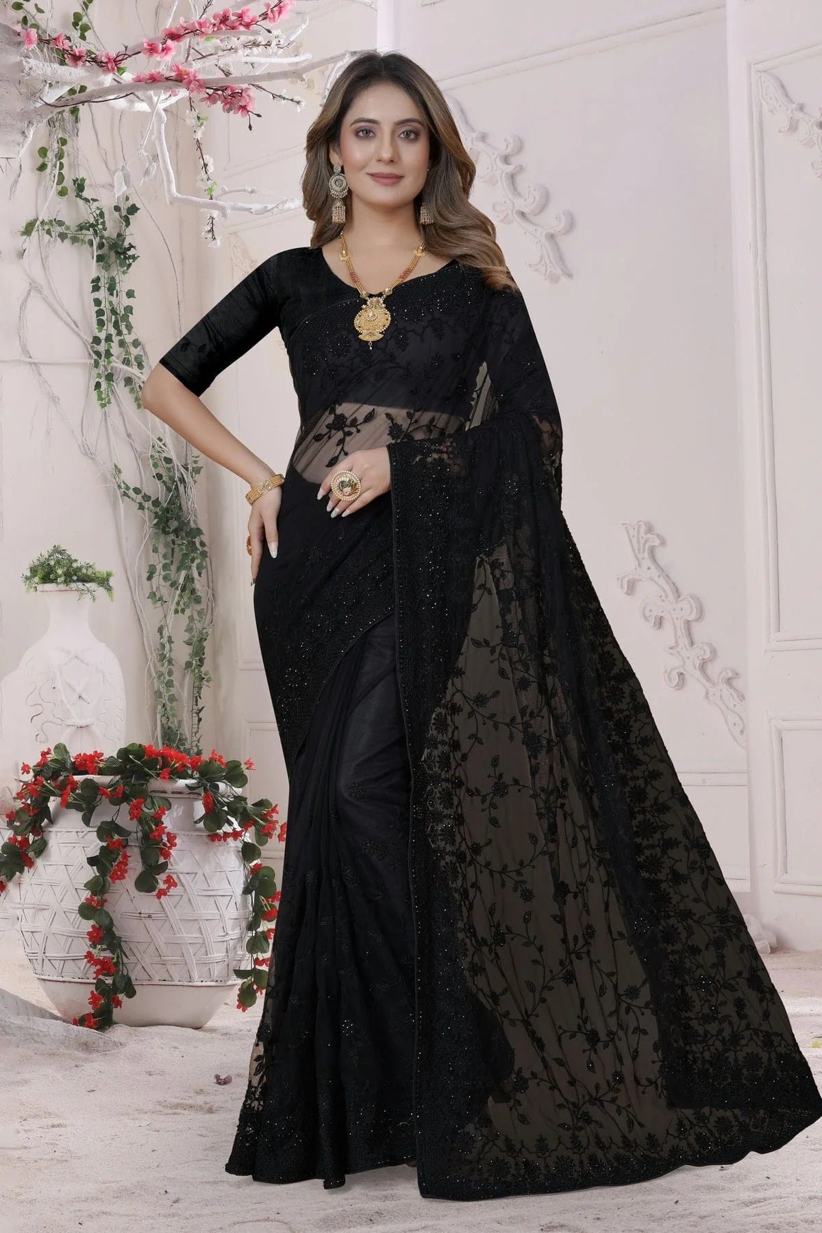 Black Colour Net Saree SD1090874