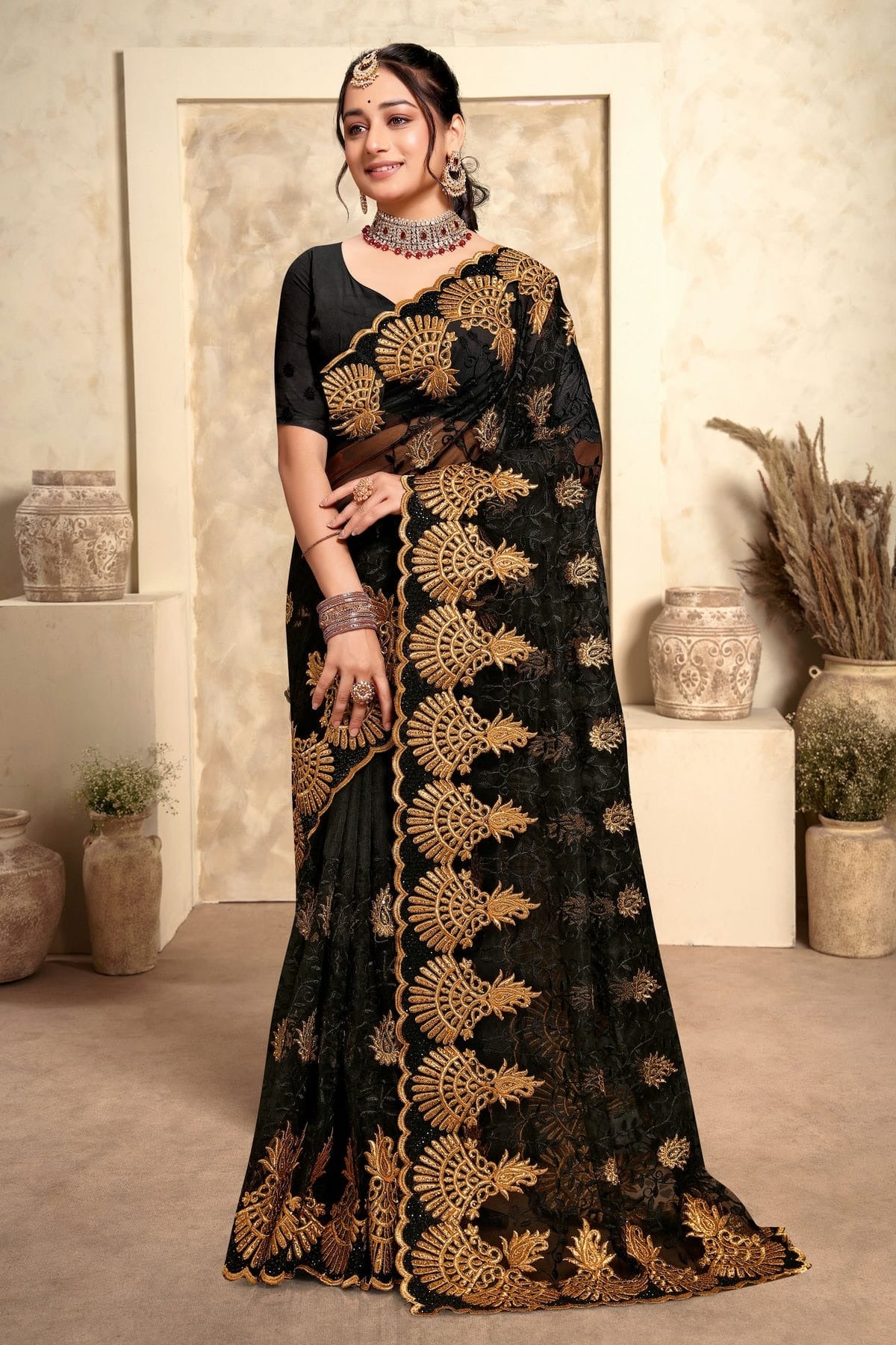 Black Colour Net Saree SD1090982