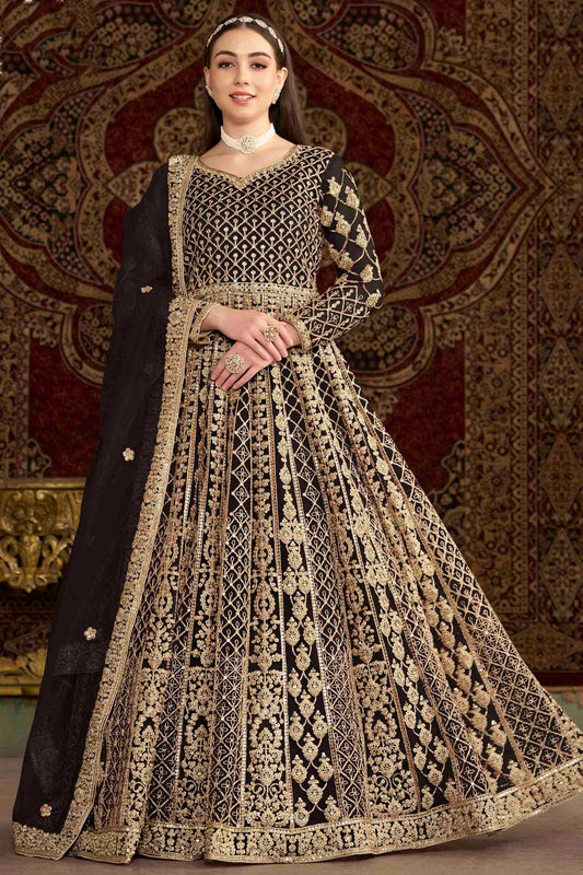 Black Colour Net Semi Stitched Anarkali Suit SM1050695