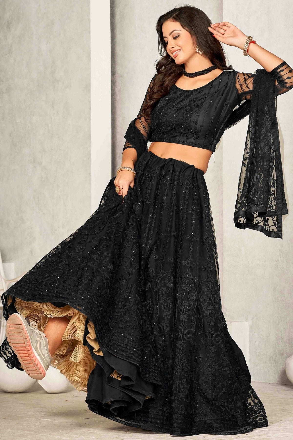 Black Colour Net Semi Stitched Lehenga Choli LC1170065 A