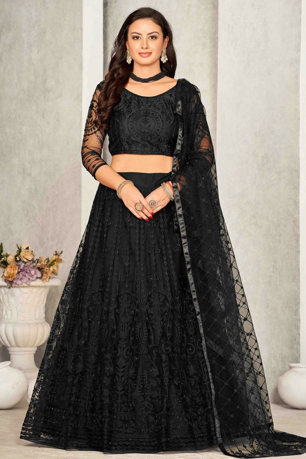 Black Colour Net Semi Stitched Lehenga Choli LC1170065