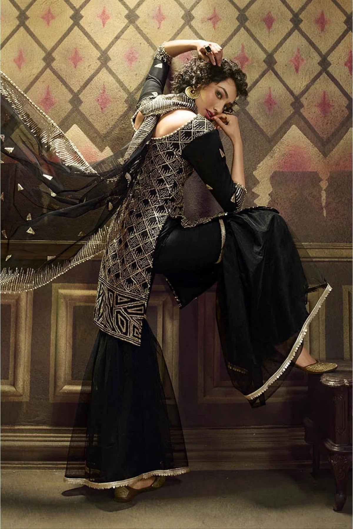 Black Colour Net Sequins Work Sharara Suit SM1080644 A