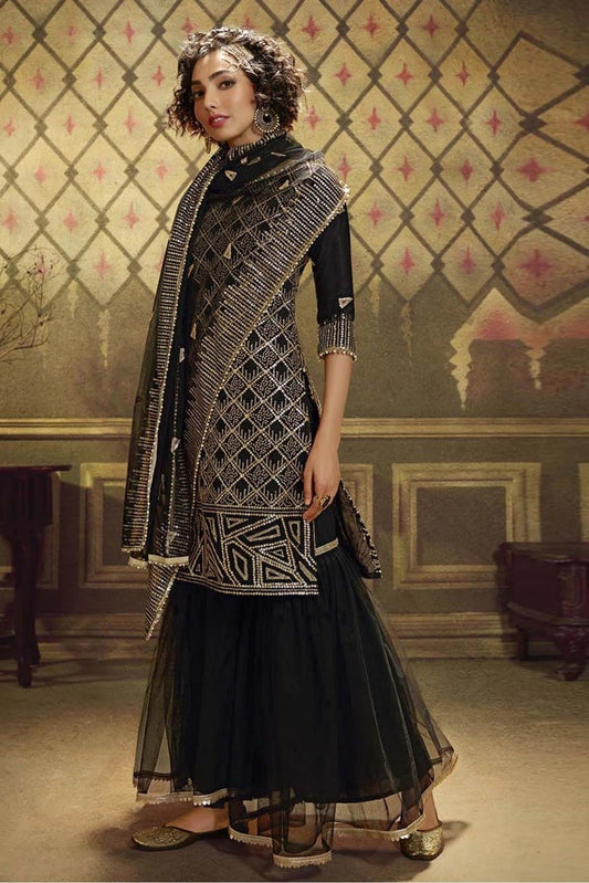 Black Colour Net Sequins Work Sharara Suit SM1080644