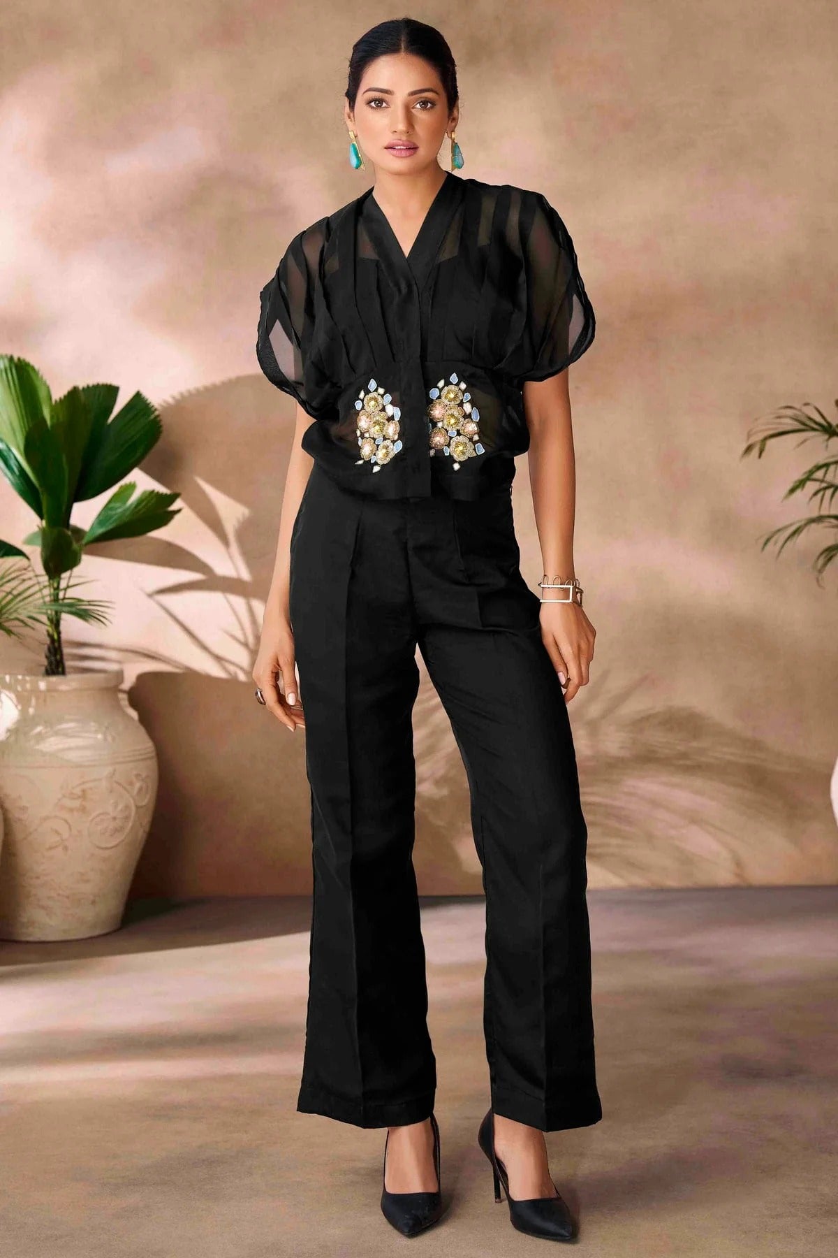 Black Colour Organza Co Ord Suit TP1080957