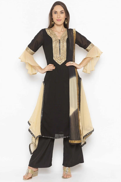 Black Colour Plus Size Georgette Embroidery Palazzo Pant Suit BW1070340