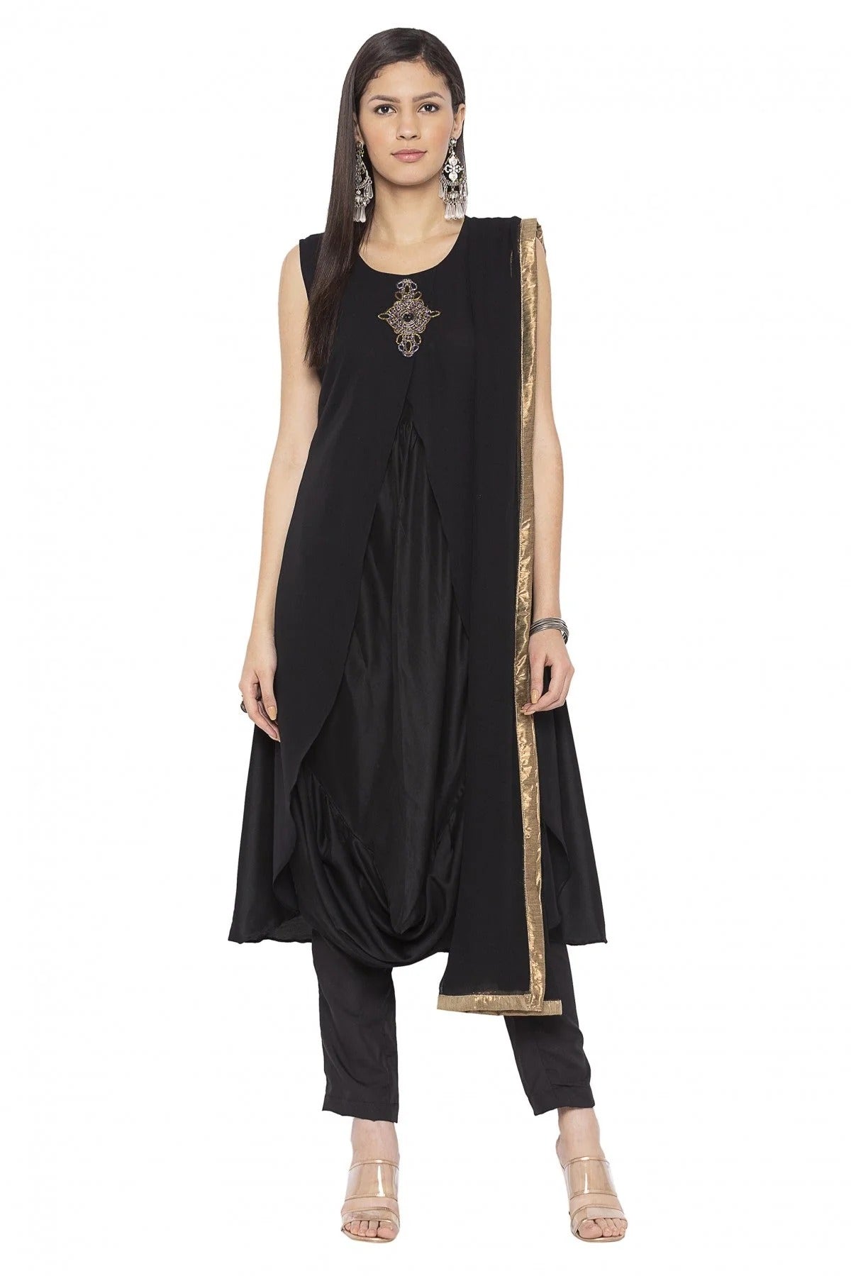 Black Colour Plus Size Muslin Embroidery Churidar Suit BW1070237
