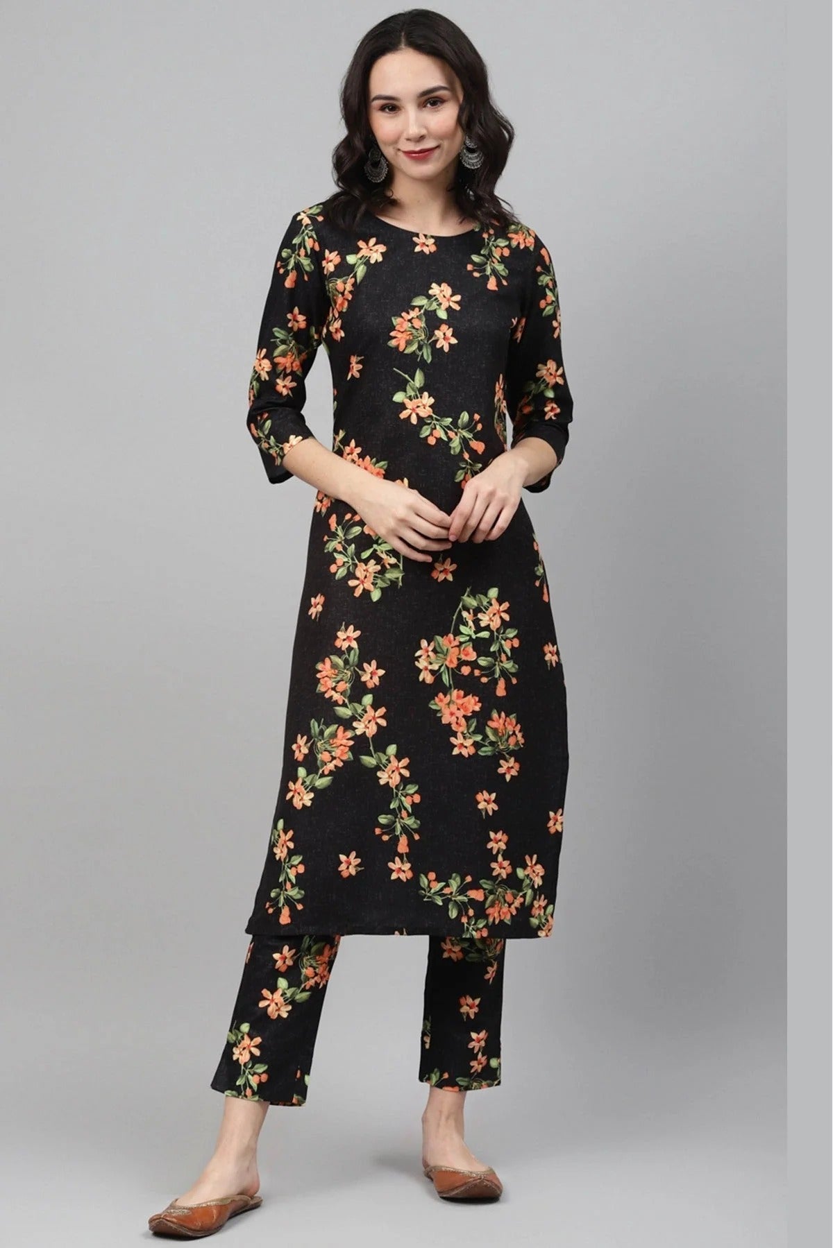 Black Colour Plus Size Rayon Foil Print Kurti With Pant Set KR1060074