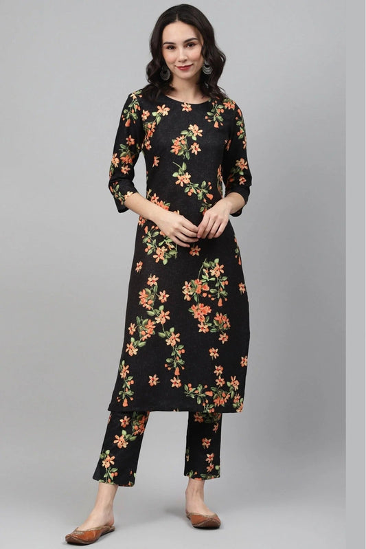 Black Colour Plus Size Rayon Foil Print Kurti With Pant Set KR1060074