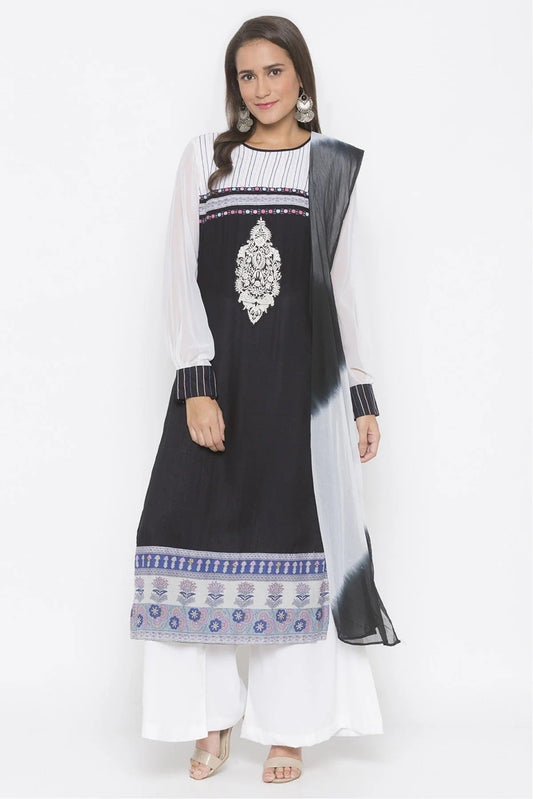 Black Colour Plus Size Stitched Cotton Embroidery Palazzo Pant Suit BW1070265