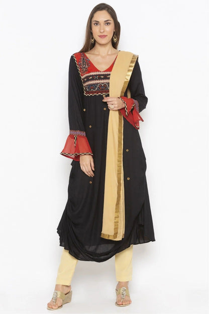 Black Colour Plus Size Stitched Cotton Embroidery Pant Style Suit BW1070269