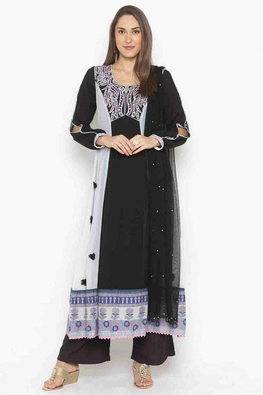 Black Colour Plus Size Stitched Georgette Embroidery Palazzo Pant Suit BW1070206