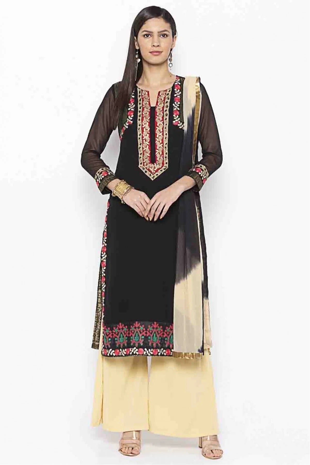 Black Colour Plus Size Stitched Georgette Embroidery Palazzo Pant Suit BW1070219