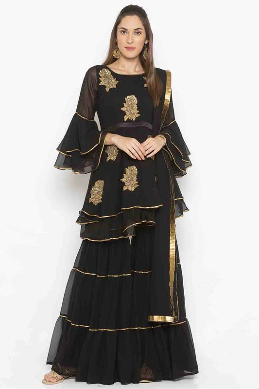Black Colour Plus Size Stitched Georgette Embroidery Sharara Suit BW1070211