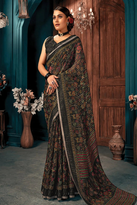 Black Colour Printed Work Cotton Saree SD1101301