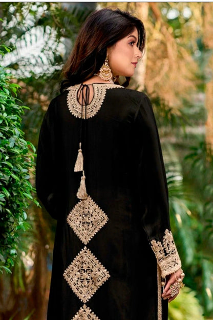 Black Colour Pure Chinon Pant Style Suit SM1140123 A