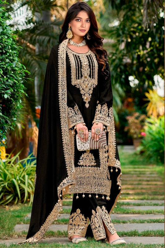 Black Colour Pure Chinon Pant Style Suit SM1140123