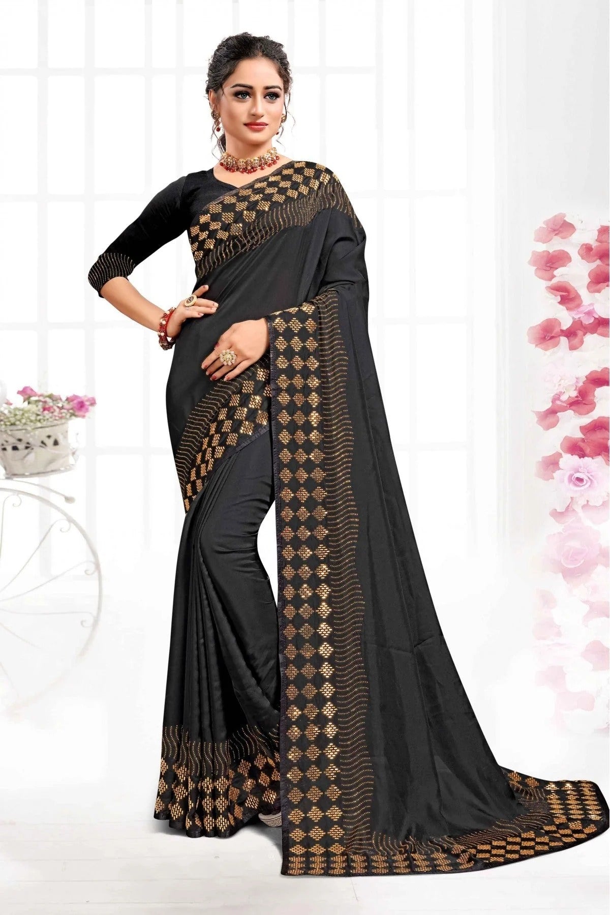Black Colour Pure Satin Swarovski Work Saree SD1120336