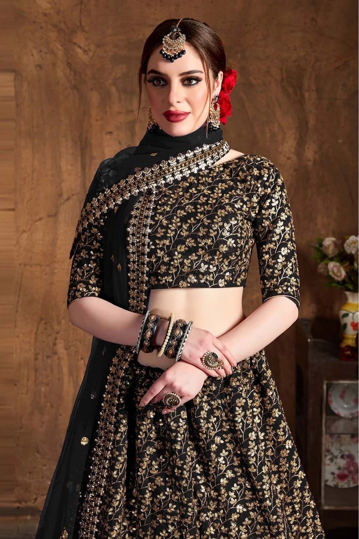 Black Colour Raw Silk Lehenga Choli LC1010064 B