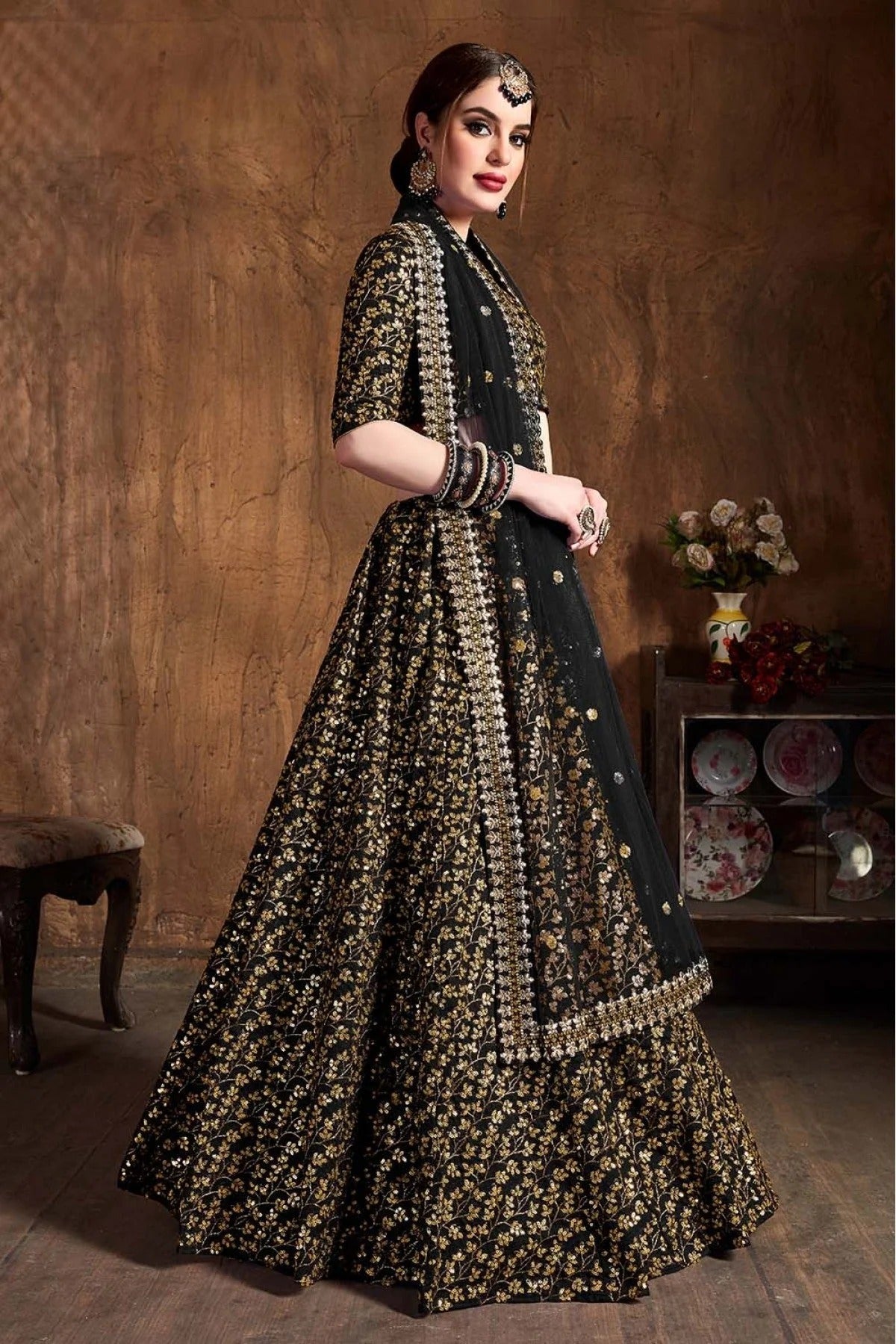 Black Colour Raw Silk Lehenga Choli LC1010064