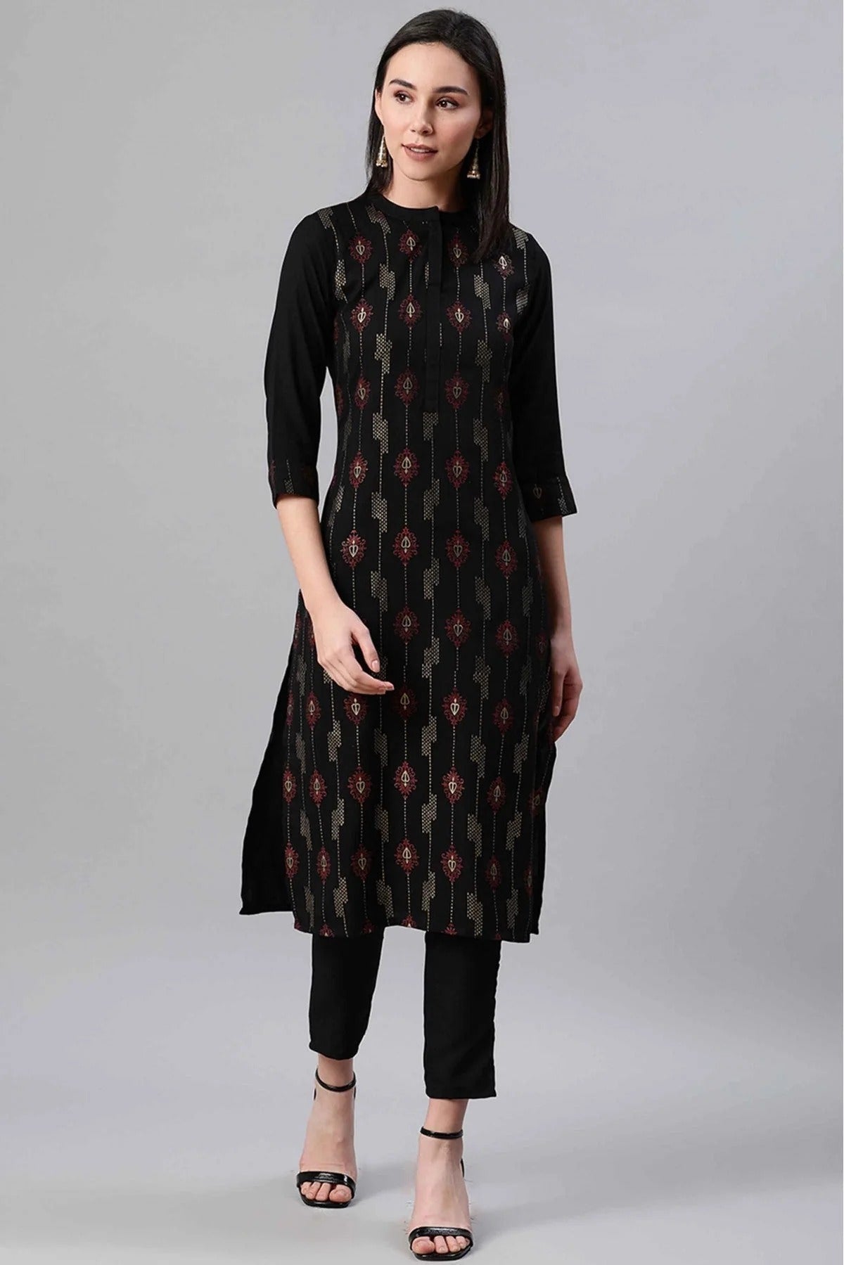 Black Colour Rayon Foil Print Kurti KR1060273