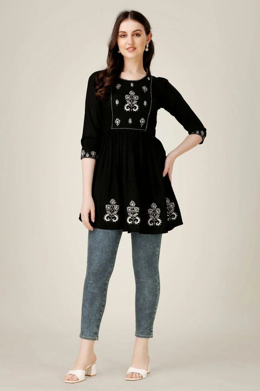Black Colour Rayon Thread Work Sequins Work Embroidery Work Readymade Top TP1110801