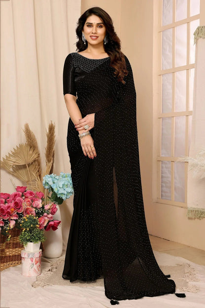 Black Colour Satin Chiffon Stone Work Saree SD1180083