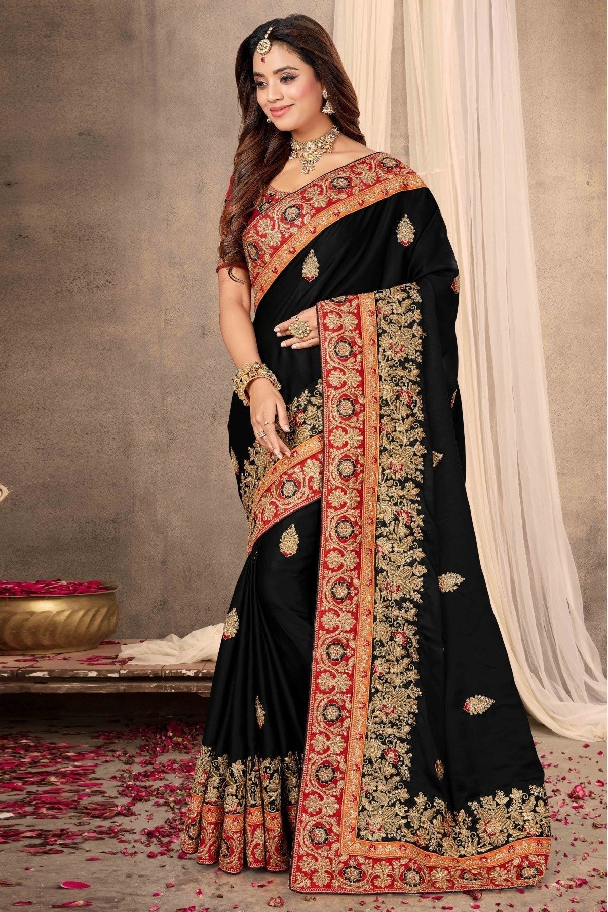 Black Colour Satin Designer Saree SD1120654