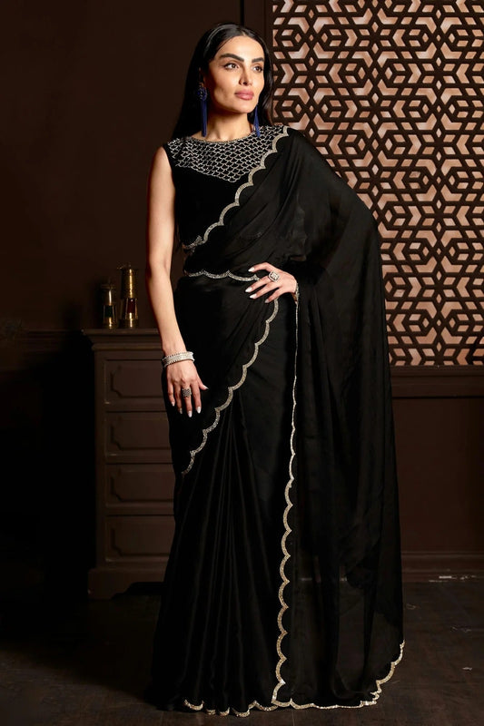 Black Colour Satin Silk Chiffon Designer Saree LC1121423