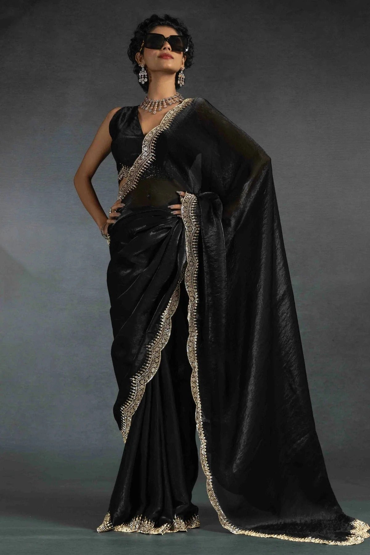 Black Colour Satin Silk Designer Saree SD1122007
