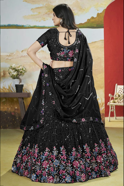 Black Colour Semi Stitched Chinon Lehenga Choli LC1112521 A